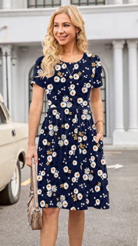 Image of DB MOON Women Summer Casual Short Sleeve Dresses Empire Waist Dress with Pockets (Navy Blue Flower, S)
