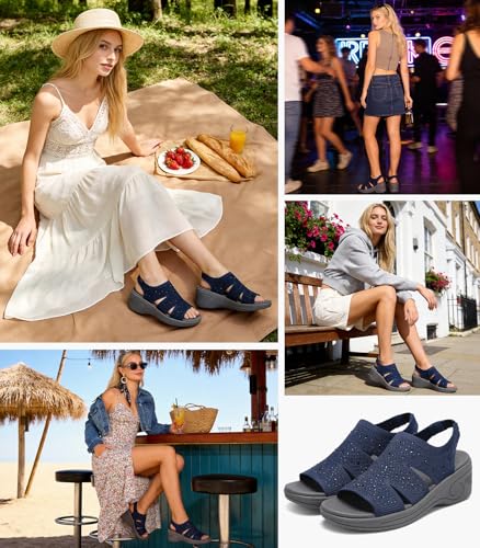 Image of Womens Wedge Sandals Platform Walking Sandals Open Toe Ankle Elastic Strap Casual Comfortable Summer Dressy