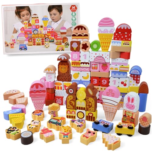 Vileafy 116pcs Princess Building Blocks for Girls Age 6-8, Summer Birthday Gifts Wooden Blocks for Kids, Educational Pink Ice Cream Stacking Toys Pretend Play Set for Daughter, Niece, Granddaughter