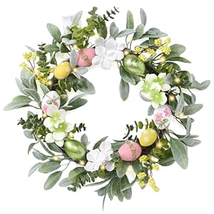 Valery Madelyn Pastel Easter Egg Wreaths Decoration for Front Door with Lights Artificial Spring Floral Wreath with Lambs Ear Leaves for Home Indoor Outdoor Window Wall Holiday Party Decor 18