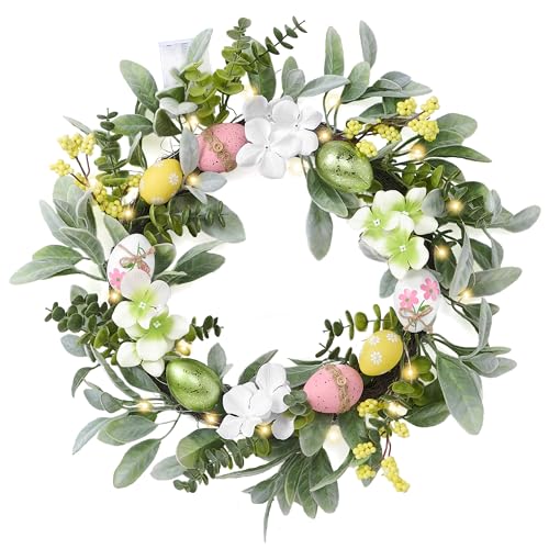 Valery Madelyn Pastel Easter Egg Wreaths Decoration for Front Door with Lights, Artificial Spring Floral Wreath with Lambs Ear Leaves for Home Indoor Outdoor Window Wall Holiday Party Decor-18''