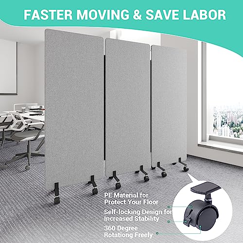 Soundproof Room Divider with Wheels, 66in Office Dividers for Sound Proofing & Reducing, 3 Panel Sound Proof Dividers for Office Partitions Portable Temporary Wall Acoustic Wall Divider，Light Grey