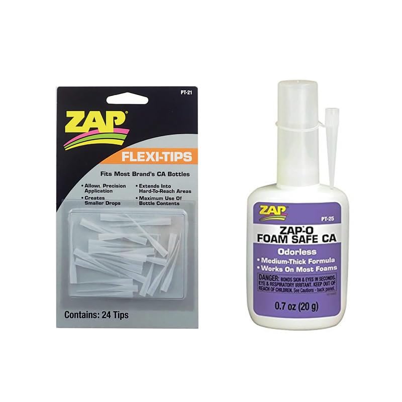 ZAP PT25 Foam Safe CA 1oz AND PT21 Flexi-Tips Glue Applicators (24), Suitable for Styrofoam, Foam, Balsa, Plywood