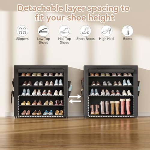 Image of LANTEFUL Shoe Rack with Covers 5 Tier Tall Shoe Rack Organizer Large Capacity Shoe Shelf Storage 20-24 Pairs Space Saving Free Standing Shoe Storage Organizer for Closet, Entryway, Dorm, Black