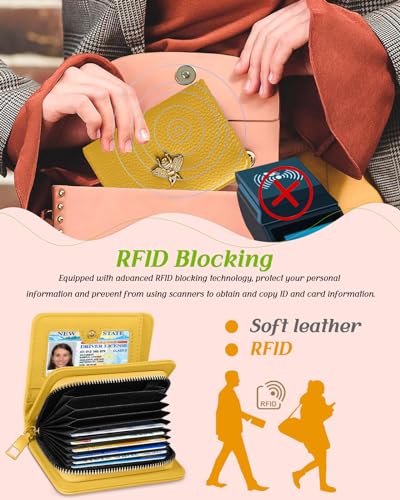 Image of Bistup Leather 12 Slot Accordion Card Holder Wallet, Yellow Bee | Accordion Storage, Zipper Around Closure, Compact Patterned Wallet for IDs, Cards, Cash, Daily Carry and Gifts