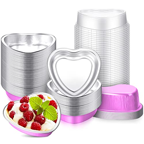 50 Set 9 Oz Heart Shaped Cake Pans 5.4 Inch Heart Aluminum Foil Cupcake Pans With Lids Disposable Dessert Baking Cups Pans For Mother's Day Wedding Birthday Valentine Parties (Pink) #TOP25