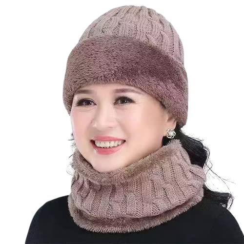 dressify Ladies/Women Velvet Thick Knitted Earmuff Neck Wool hat Outdoor Middle-Aged and Elderly Rabbit Plush Cold-Proof Cap Khakhi Color-picture-31