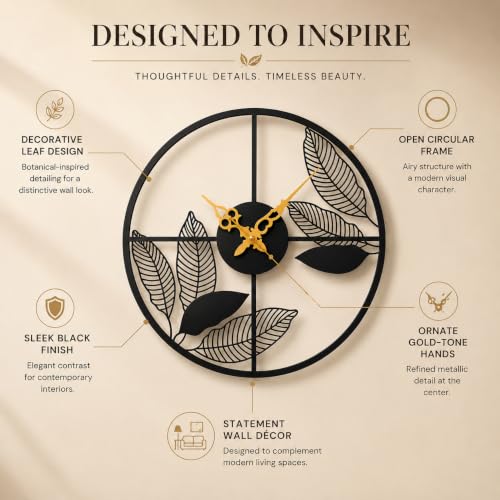 Image of 40 cm Leaf Metal Wall Clock, Black | Silent Non-Ticking, Skeleton Design, Modern Iron Analog, For Living Room, Bedroom, Hall, Office & Home Decor