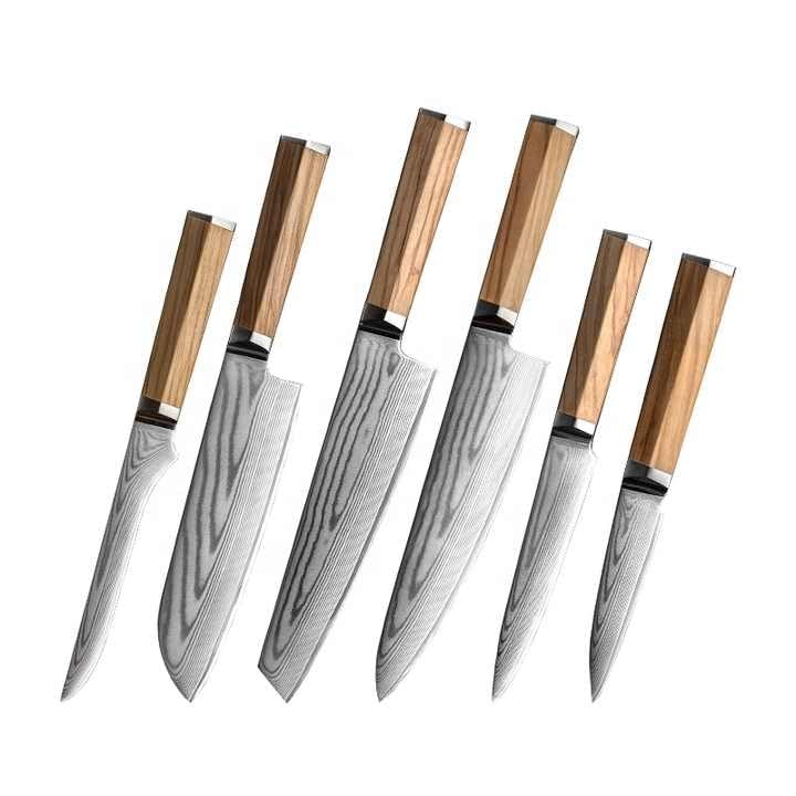 6PC Kitchen Knife Set Premium Damascus Steel Kitchen Accessories Knives Dishwasher Safe Kitchen Utensils Italy Olive Wood Handle
