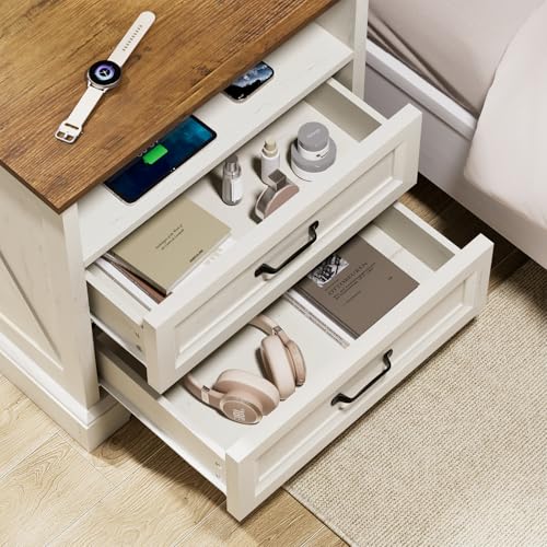 Image of HOMMPA 24'' Farmhouse Nightstand with Charging Station, Bedside Tables with AC Outlets & USB Port, 2 Drawers Side Table End Table with Open Shelf, Rustic Wood Night Stand for Bedroom, Rustic White