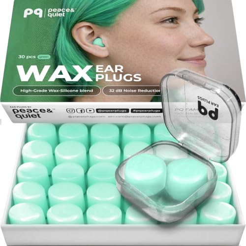 Image of Peace&Quiet PQ Wax Ear Plugs for Sleeping, Swimming - 30 Soft Noise Cancelling Silicone Gel Wax Earplugs for Sleep and Swimmers, Ear Protection with Sound Blocking Level of 32 Db, Green