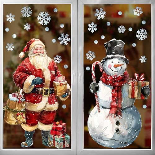 Ivenf Christmas Window Clings Decorations: 2 Sheets Extra Large Santa Claus Snowman Window Clings with Snowflakes, Watercolor Rustic Xmas Stickers for Kids Home Office School Winter Holiday Décor