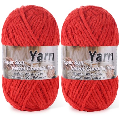 Image of 2 * 200g /7oz Chunky Chenille Yarn for Baby Blanket Yarn for Crocheting - Super Soft Chenille Plush Yarn - Bulk Thick Yarns Used for Making Scarves, Blankets, DIY Craft (Red)