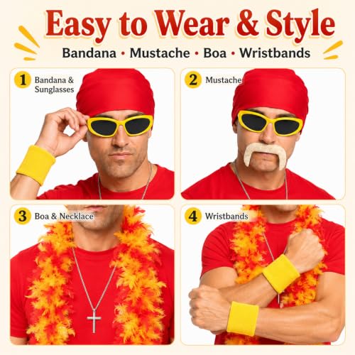 Gocasmus 6PCS Retro Wrestler Costume Accessories Set for Adults, Red Bandana Yellow Sunglasses Feather Boa Fake Mustache Wristbands Cross Necklace for Halloween Cosplay Costume Party - image 3