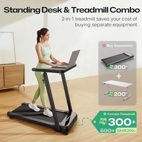 UREVO Treadmill with Desk Workstation, Walking Pad Treadmills for Home Office, Under Desk Compact Design Treadmill with HIIT Programs, Remote Control, LED Display2