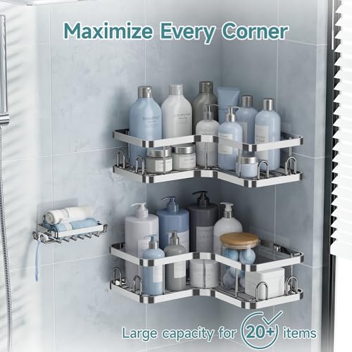 Image of Veken Corner Shower Caddy 3-Pack, Advanced Rustproof Design&Stable Storage | No Drilling Adhesive Shelves, Rack with Soap Holder & Hooks, Thickened Metal Frame, Bathroom Organizers and Storage, Silver