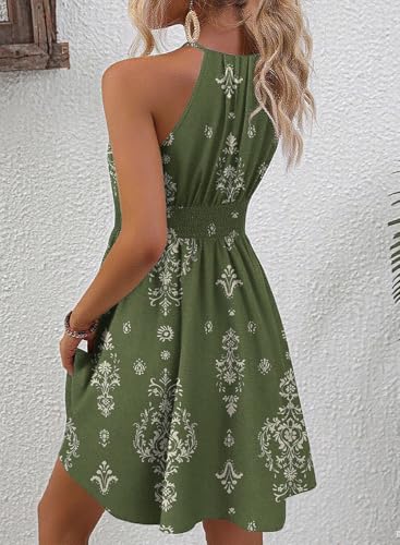 Image of BLENCOT Womens Summer Beach Halter Neck Dresses Casual Smocked A Line Floral Mini Dress with Pockets