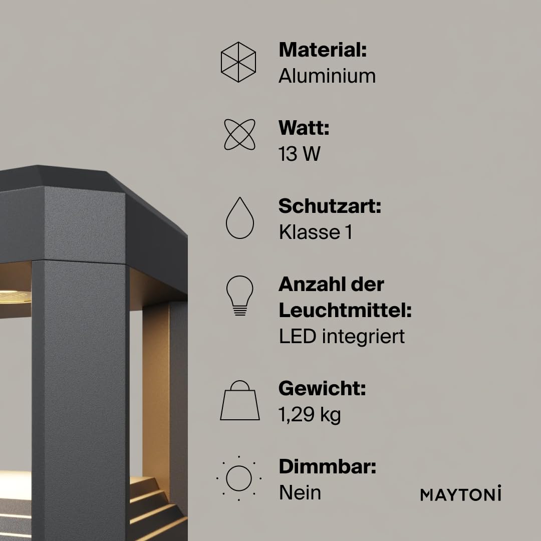 Maytoni ROYAL MILE Wegeleuchte Grau IP65, LED Gartenleuchte 13W 3000K, moderne Außenleuchte für Garten & Terrasse