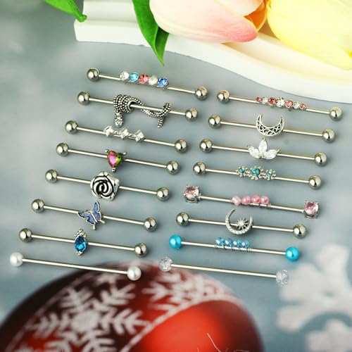 TIANCI FBYJS 7-16pcs 14G Stainless Steel Industrial Piercing Barbell Earring Cartilage Body Jewelry 38mm 1&1/2 Inch Industrial Piercing Bar for Women Men Snake Chain Dangle4