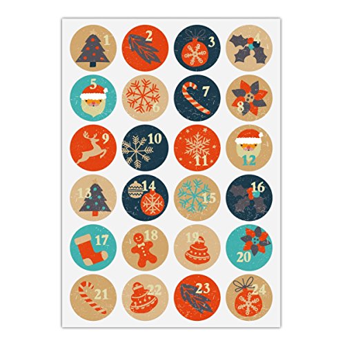 24 autocollants rétro pour l'Avent avec les chiffres 1-24 sur les symboles de Noël, orange bleu, autocollants en papier mat pour calendriers de l'Avent, cadeaux de Noël, étiquettes (ø 45mm)