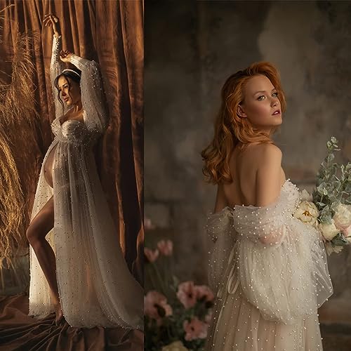 Yexinbridal Women's Pearl Tulle Maternity Robes Long Puffy Sleeves for Photoshoot Off Shoulder Bridal Dressing4