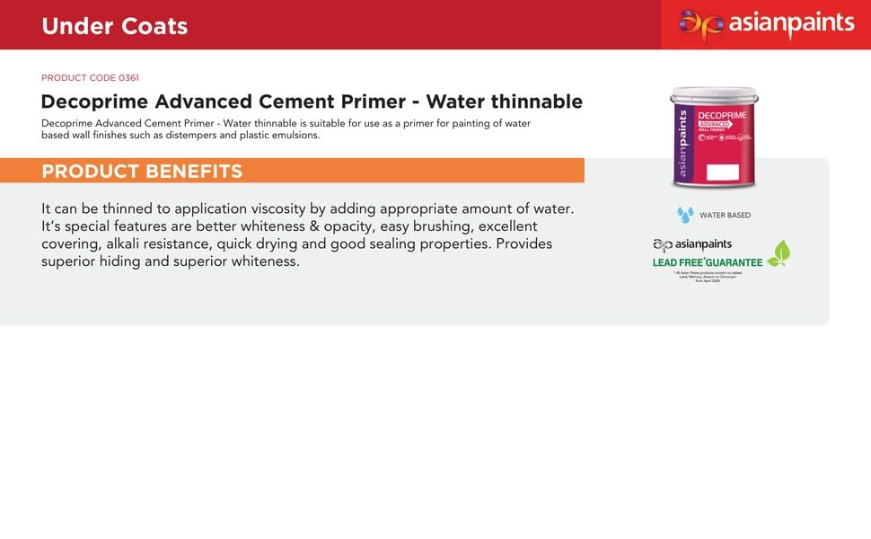 Image of Asian Paint Decoprime Interior Wall Primer Advanced - Water Thinnable, White | Superior Opacity & Whiteness | Alkali Resistant | Quick Drying | Good Sealing Properties - 1 Liter (White)