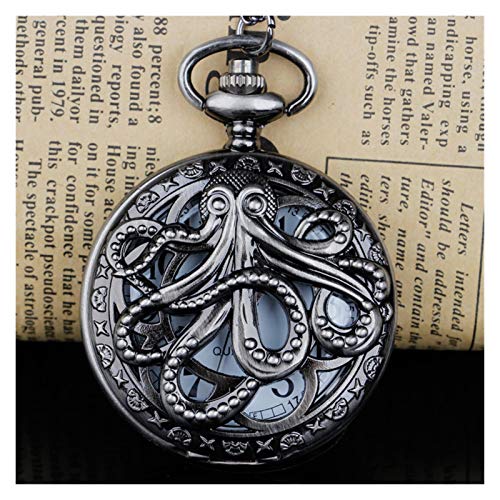 Pocket Watch Vintage Octopus Hollow Half Hunter Quartz Pocket Watch Steampunk Black Pocket Watch with Necklace Chain Gift for Kids Retro (Color : Black White)
