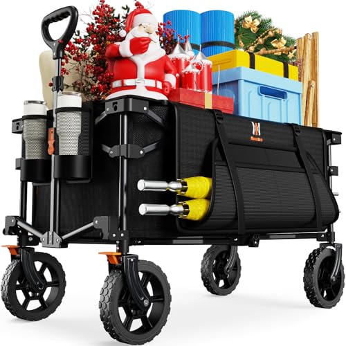 Navatiee 140L Collapsible Foldable Wagon with Wheels, Large Capacity Foldding Wagon Cart with Side Pocket and Brakes, Grocery Shopping Cart for Garden Outdoor Use, Black