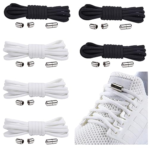 anshuke 6 pares de cordones elásticos sin lazo, cordones universales para niños y adultos, Cordones Elásticos Sin Nudo con Hebilla Metal, para Zapatillas de Deporte (3 blanco+3 negro)
