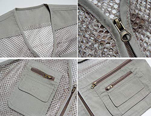 Flygo Men's Summer Mesh Fishing Vest Outdoor Photography Journalist Travel Vest with Pockets Grey L3