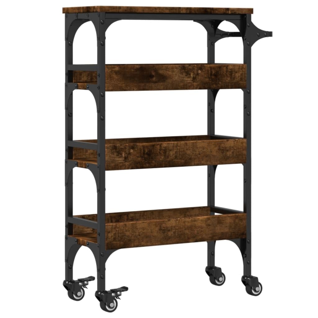 Carro de cocina de roble ahumado, 53 x 20 x 76 cm, carrito de servicio estrecho con ruedas de madera y acero, carrito vintage para cocina, baño y salón, carrito auxiliar con toallero