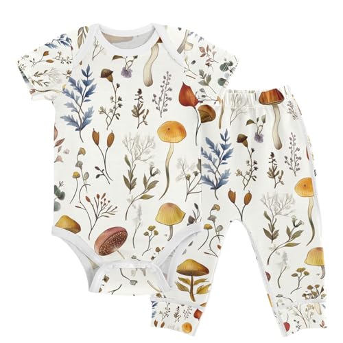 KICPOAY Baby Unisex Cotton Clothes Set Wild Mushrooms Weeds Infant Short Sleeve Bodysuits Pants Sets 6-9M