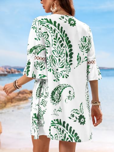 Image of CUPSHE Women V Neck Lace Trim Mini Summer Dress Cover Up 3 /4 Sleeve Ruffled Cuff Casual Sundress Beach Dresses Cover Ups