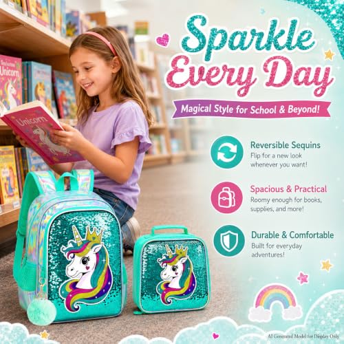 Image of CCJPX 16 inch Unicorn Backpack for Girls, 3Pcs Kids Sequin Bookbag with Lunch Box, Water Resistant Elementary School Bag for Kindergarten Preschool Toddler (Green)