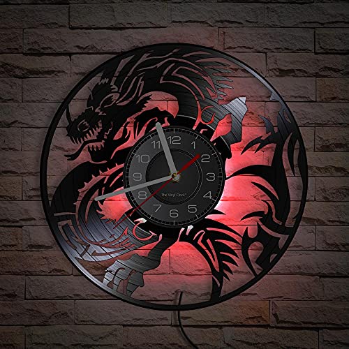 Timethink 12 Inch Dragon Led Wall Clock With 7 Colors Changing, Silent Non Ticking Vintage Flying Evil Dragon Spiritual Symbol Fantasy Vinyl Record Wall Clock Watch For Living Room Bedroom Decor #TOP1