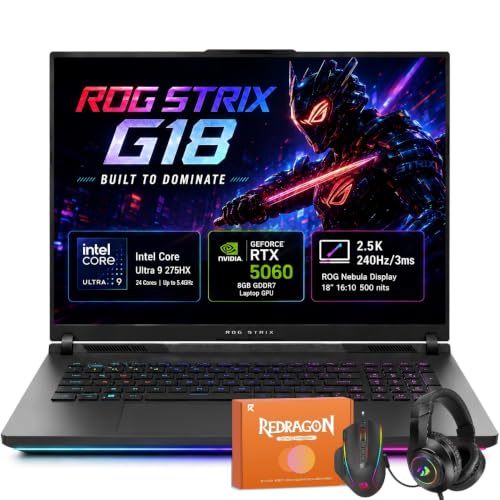 Image of ASUS ROG Strix G18 Gaming Laptop, GeForce RTX 5060, Intel Core Ultra 9 275HX (36MB Cache, 24 Threads), 2.5K 240Hz /3ms Nebula Display, 32 GB DDR5, 1 TB SSD, Wi-Fi 7, TB4, Windows 11 Pro, W /Accessories
