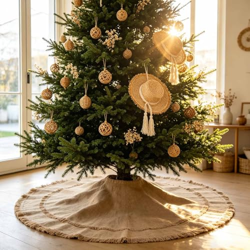 Yuboo 48" Burlap Christmas Tree Skirt with 2-Layer Tassel Design, Brown Rustic Farmhouse Jute Linen Large Spring Tree Skirt for Wedding, Birthday, Graduation Season Decor - image 5