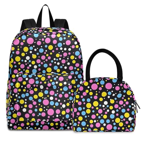 Backpack Lunch Bag Set Colored Dots Print, Big Storage Travel Backpacks with Insulated Lunch Box for Office Hiking Picnic