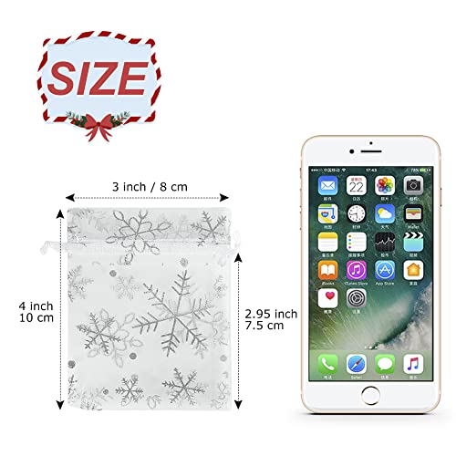 Image of HRX Package 100pcs Snowflake Organza Gift Bags Christmas 3x4 inch, Small White Mesh Jewelry Pouches Little Drawstring Candy Bags