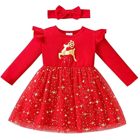 Geagodelia Baby Mädchen Weihnachten Kleid Outfit Prinzessin Weihnachtskleid Weihnachtsoutfit Langarm Babykleidung Neugeborene Weiche Kleidung My First Christmas Cover