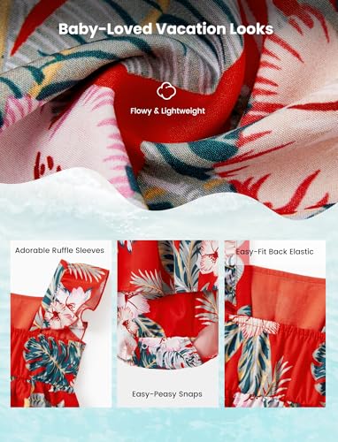 Image of PATPAT Matching Family Hawaiian Outfits - Mommy and Me Hawaiian Dress Matching Set Tropical Palm Leaf Print Summer Dress Sundress Halter Neck Romper Dress Red Flower Baby Girl 6-9 Months