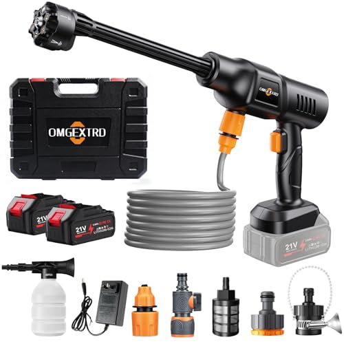 OMGEXTRD Cordless Car Washer, Portable Cleaning System with 3.0Ah Battery*2, 6-in-1 Nozzle, Foam Sprayer, 17FT Hose, Self-Priming for Car, Garden & Floor Cleaning