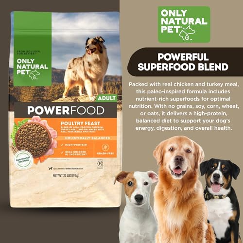 Image of Only Natural Pet Dry Dog Food Canine PowerFood Formula - Paleo Inspired Formula with No Grain, Soy, Corn, Wheat or Oats - Poultry Feast 20 lb Bag