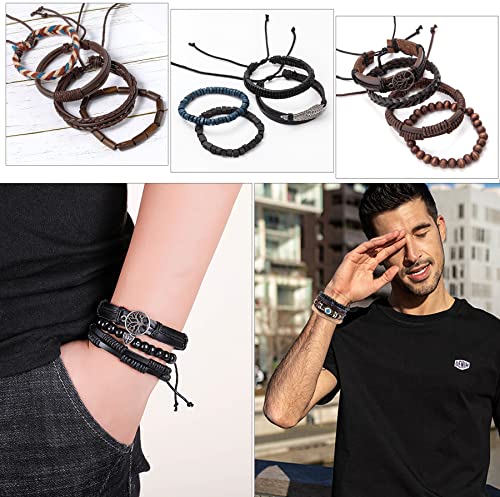 FIRAZIO 35PCS Braided Leather Bracelets for Men Women Wrap Wood Beads Cuff Bracelet Hemp Cords Ethnic Tribal Handmade Wrap Wristband Bracelets Set Adjustable2
