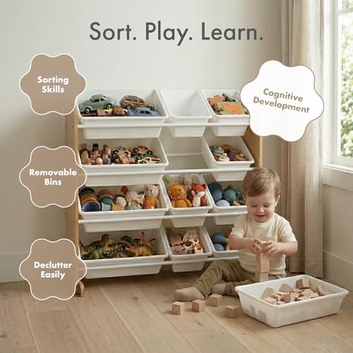 Image of Humble Crew Toy Storage Organizer with 12 Removable Storage Bins for Kids Playroom, 4-Tier Toddler Toy Organization, Natural Wood /White