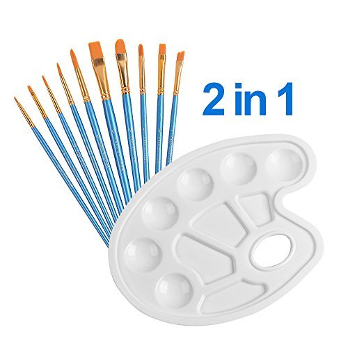 Artist Paint Brush, [Bonus a Free Paint Tray Palette] Creland Paint Brush Set 10 pcs Nylon Hair Acrylic Paint Brush for Watercolor Oil Acrylic Painting