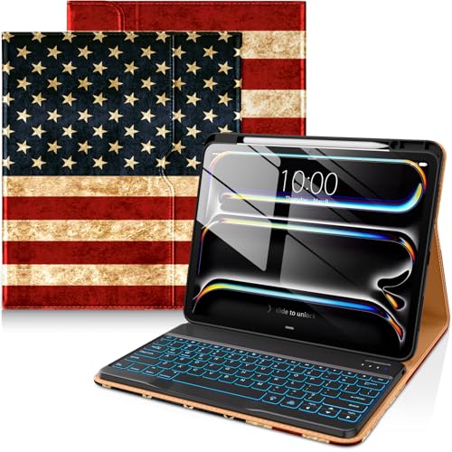Image of DTTO for iPad Pro 13 Inch Case with Keyboard M5 /M4 2025 /2024, 7 Colors Backlit Wireless Detachable Keyboard Premium Leather Folio Cover with Pencil Holder & Pocket, US Flag