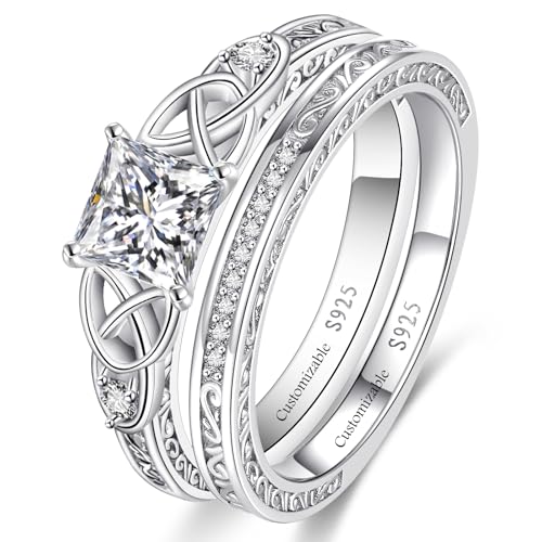 Image of Vintage Celtic Knot Women's Engagement Ring Sets 925 Sterling Silver /14K Gold Plated Stackable Wedding Bands Rings AAAAA Cubic Zirconia Women Bridal Sets Wedding Ring Band Width 1.8mm Size 5-9