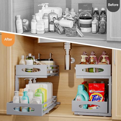 Image of Under Sink Organizer, 2 Tier Under Sink Organizers and Storage, Adjustable Height, Slide out Metal Cabinet Organizers, Pull out Cabinet Storage Drawer Shelf for Kitchen Bathroom (Gray, 1 Pack)