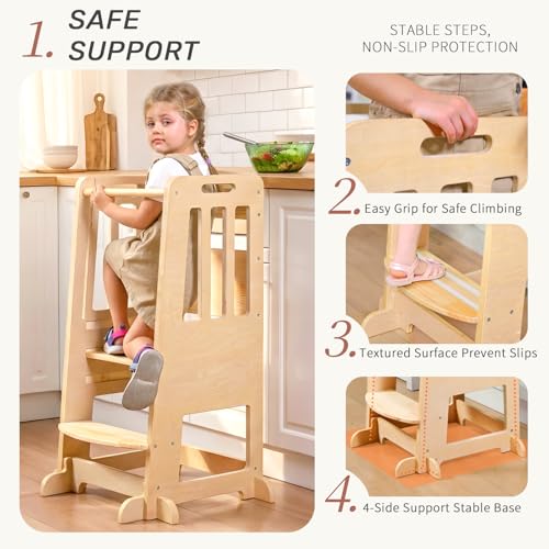 Image of WINGYZ Toddler Tower - Anti-Tip Natural Wood Learning Stool Helper for Kids 18M-6Y, 150lb Capacity Kitchen Stool with 3-Height Adjustable Platform and Sliding Door Access, 20lb Portable Design, Wood
